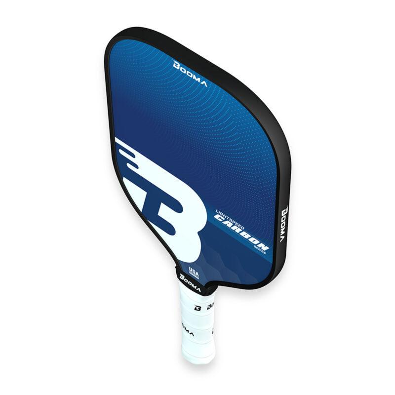 Top view of a blue BOOMA Lightspeed Carbon Series pickleball paddle on a white background.