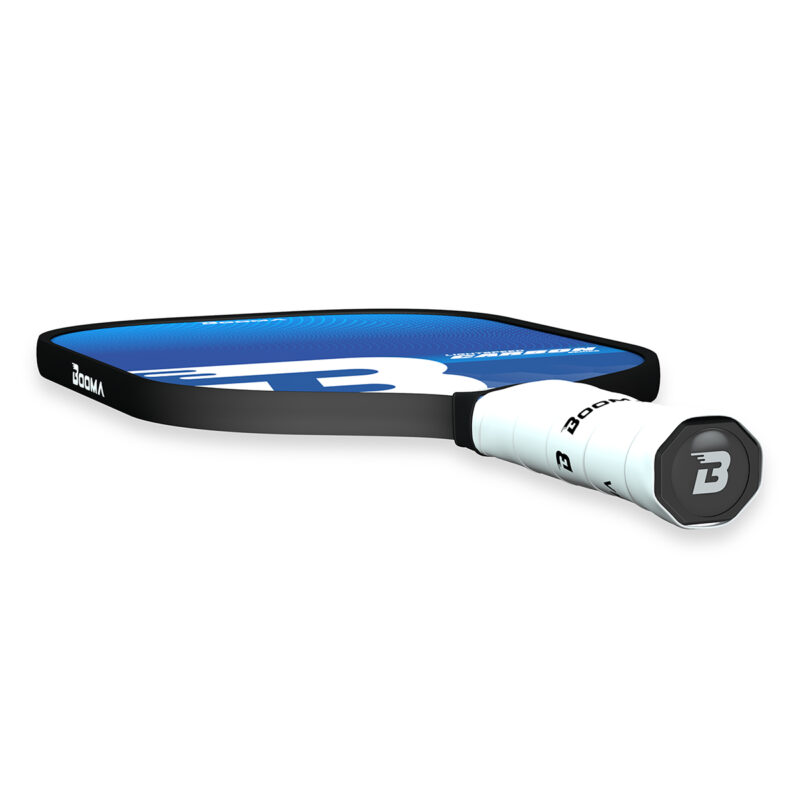 Horizontal view of a blue BOOMA Lightspeed Carbon Series pickleball paddle on a white background.