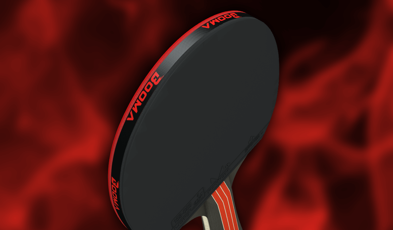 Angled image of the BOOMA Lightspeed Carbon ping pong paddle.