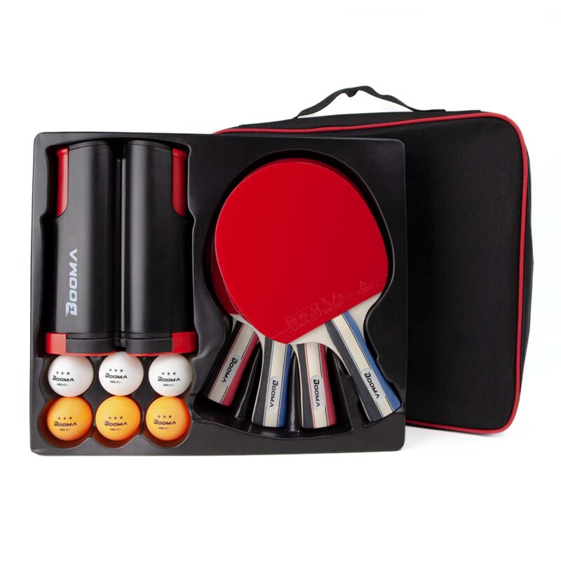 Image of BOOMA's 4 player premium ping pong set in the carrying case.