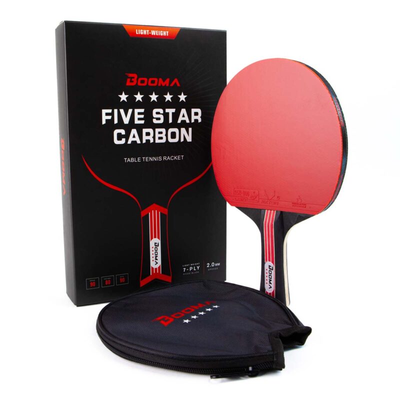 Image of the BOOMA Lightspped Carbon Series ping pong paddle with its carrying case.