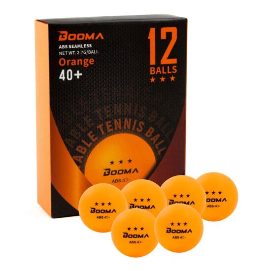 Image of a box of 12 orange BOOMA ping pong balls.