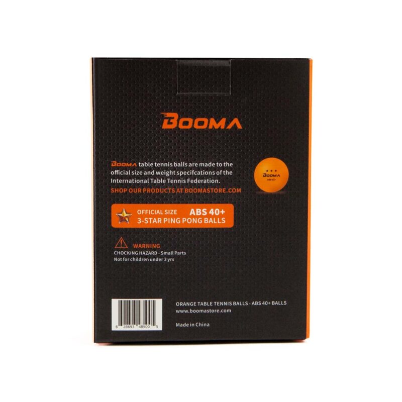 Image of the back of a package of BOOMA ping pong balls.