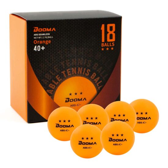 Image of a box of 18 orange BOOMA ping pong balls.