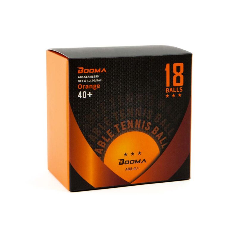 Image of a box of 18 orange BOOMA ping pong balls.