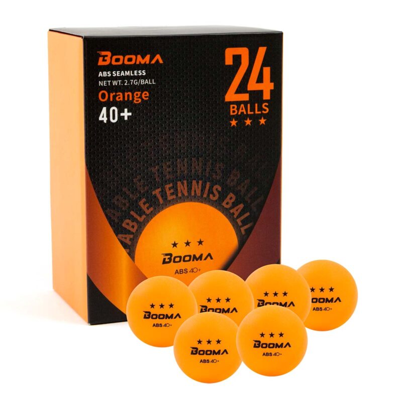 Image of a box of 24 orange BOOMA ping pong balls.