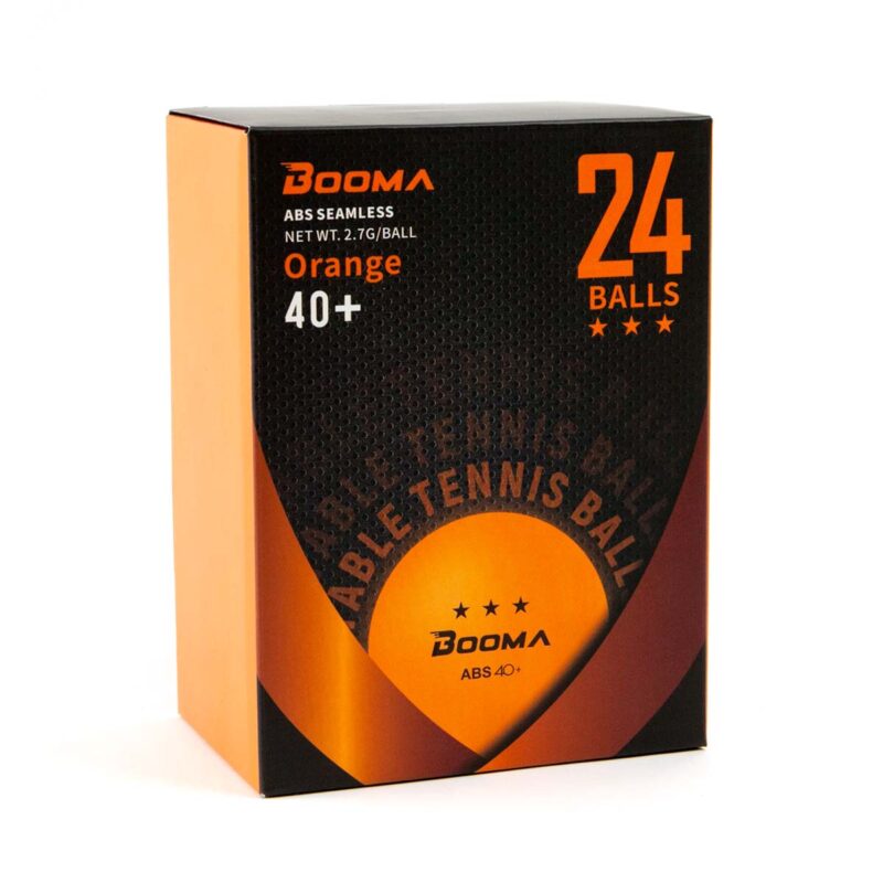 Image of a box of 24 orange BOOMA ping pong balls.