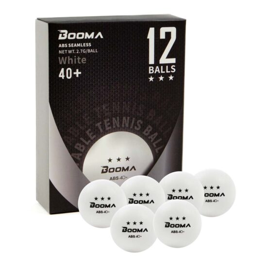 Image of a box of 12 white BOOMA ping pong balls.