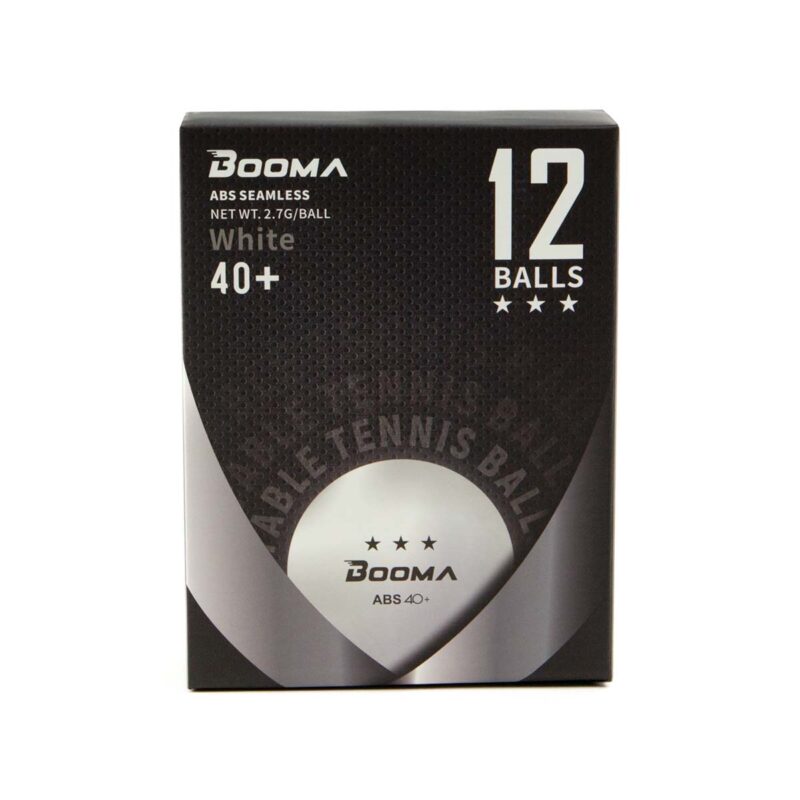 Image of a box of 12 white BOOMA ping pong balls.