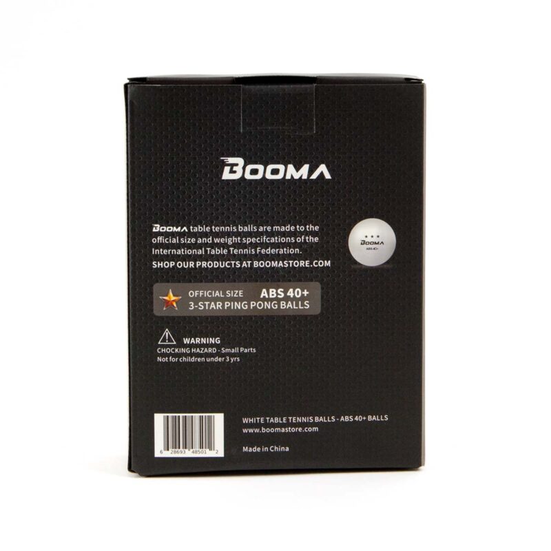 Image of the back of a package of BOOMA ping pong balls.