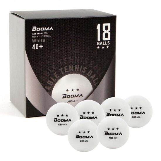 Image of a box of 18 white BOOMA ping pong balls.