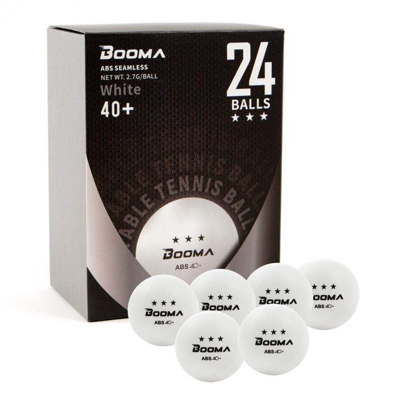 Image of a box of 24 white BOOMA ping pong balls.