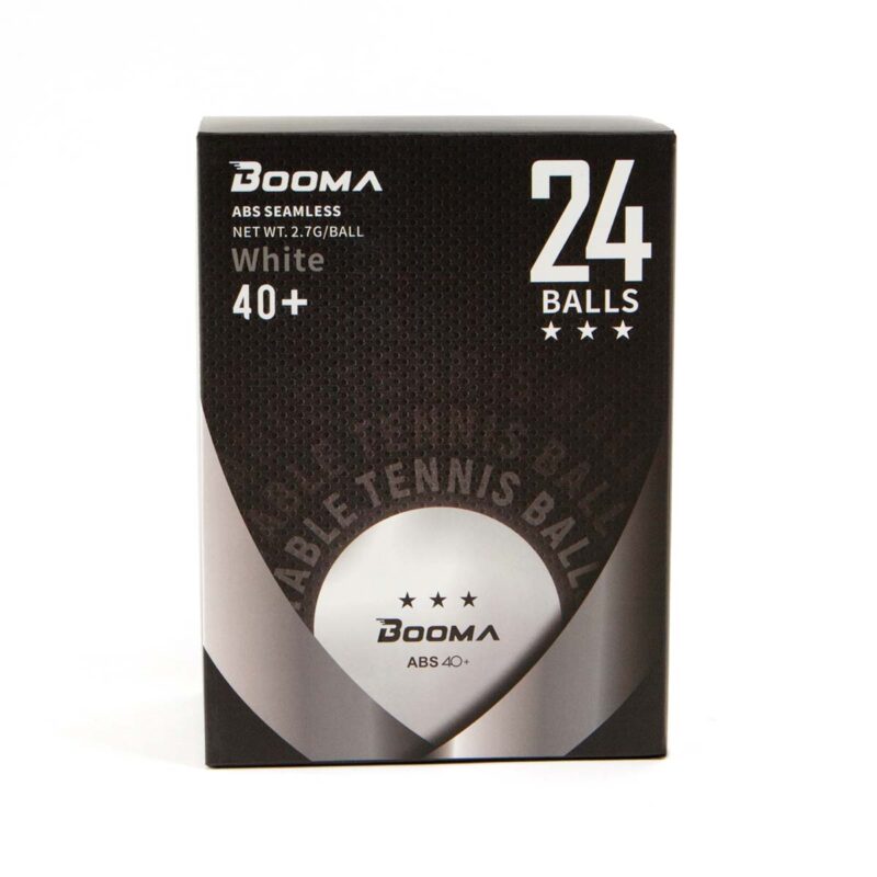 Image of a box of 24 white BOOMA ping pong balls.