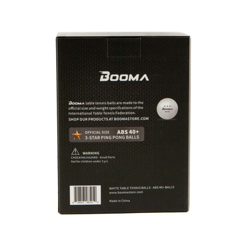 Image of the back of a package of BOOMA ping pong balls.