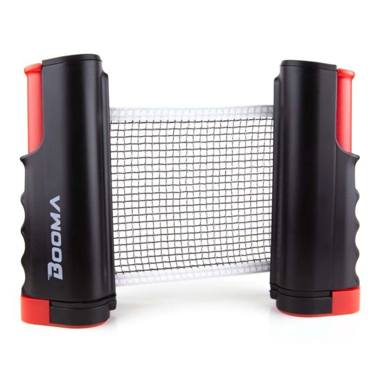 Image of BOOMA's retractable ping pong net partly opened.