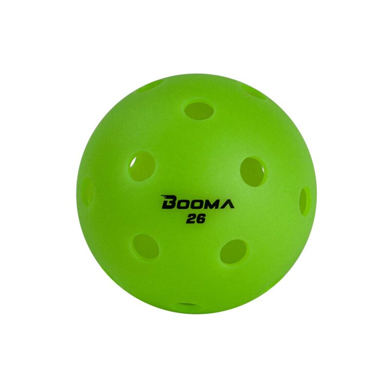 Close up of an green BOOMA 26 indoor pickleball ball with a white background.