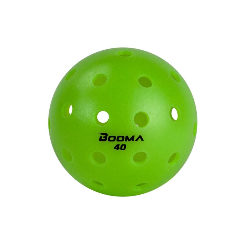 Close up of a green BOOMA 40 outdoor pickleball ball with a white background.