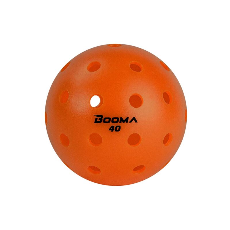 Close up of an orange BOOMA 40 outdoor pickleball ball with a white background.