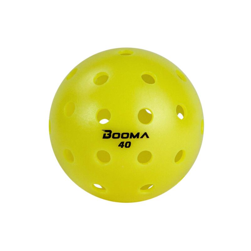 Close up of a yellow BOOMA 40 outdoor pickleball ball with a white background.