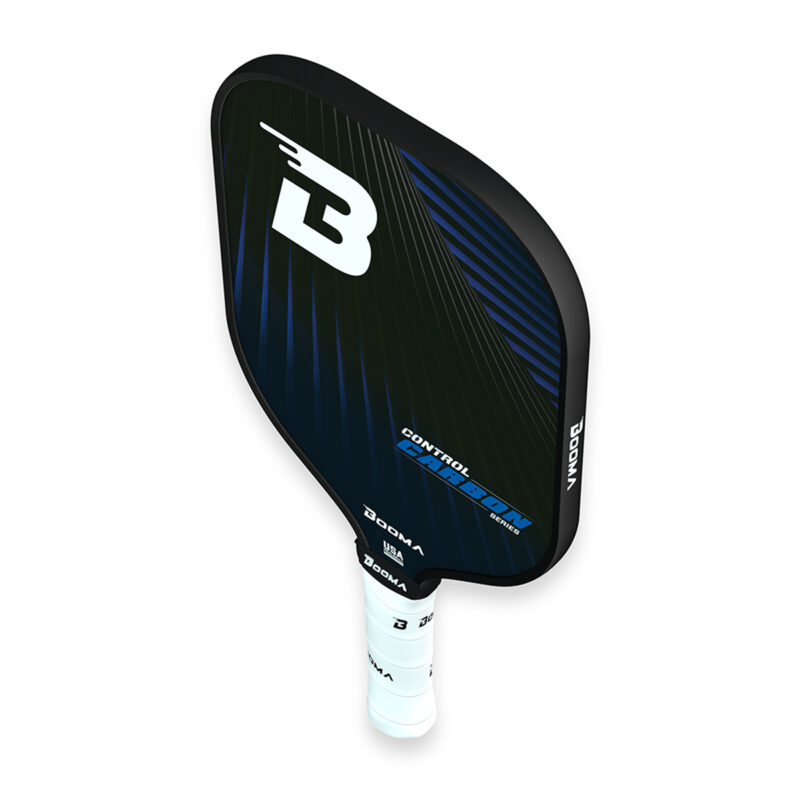 Top view of a blue BOOMA Control Carbon Series pickleball paddle on a white background.