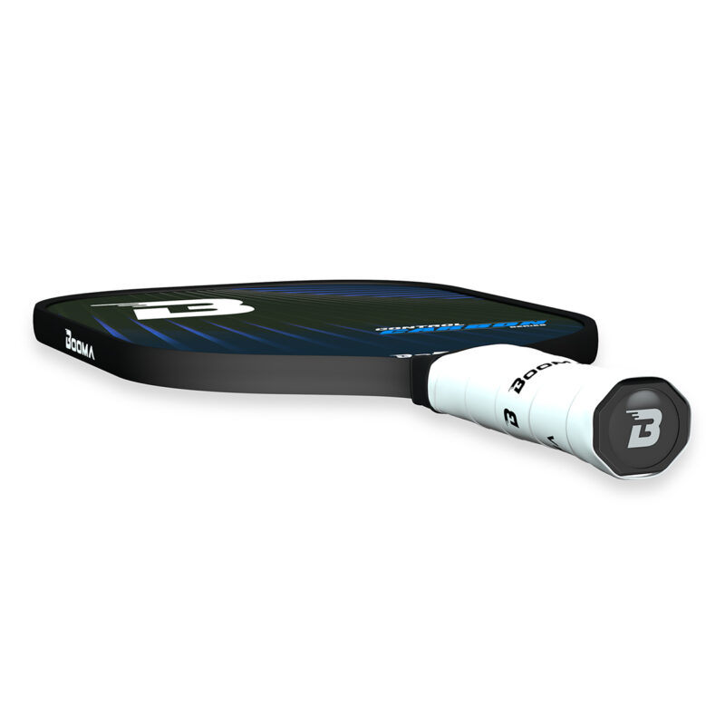 Horizontal view of a blue BOOMA Control Carbon Series pickleball paddle on a white background.