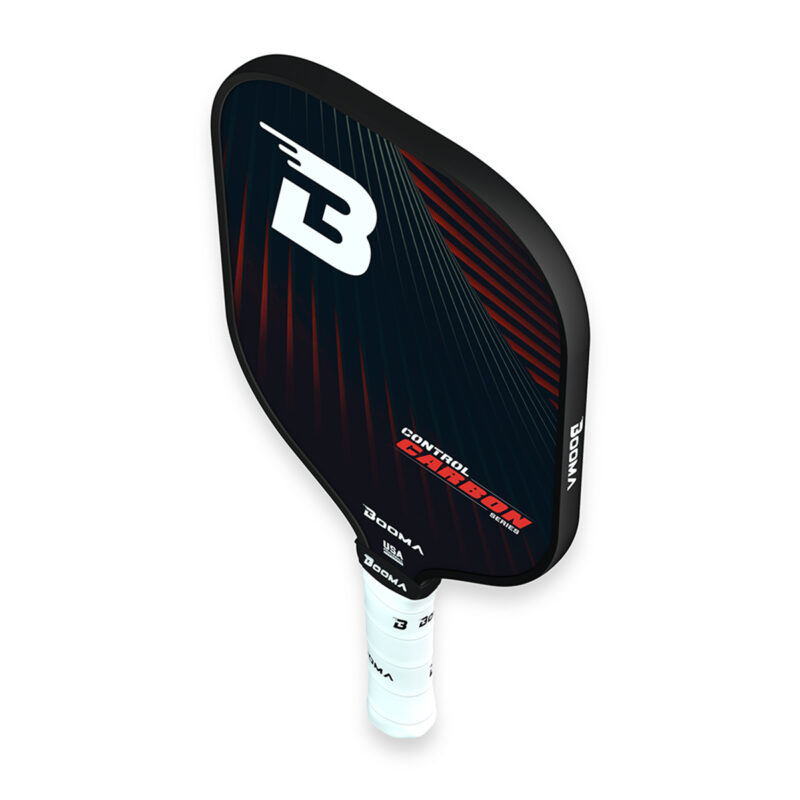 Vertical view of a red BOOMA Control Carbon Series pickleball paddle on a white background.