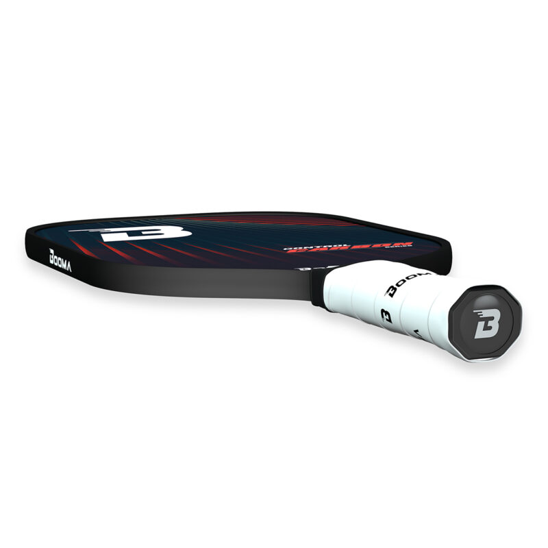 Horizontal view of a red BOOMA Control Carbon Series pickleball paddle on a white background.