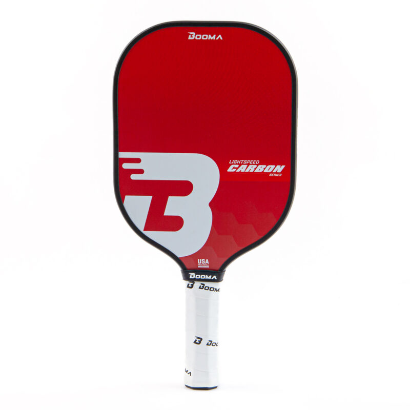 A Red BOOMA Lightspeed Carbon Series Pickleball Paddle.