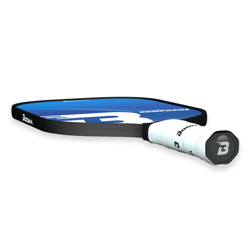 Horizontal view of a blue BOOMA Lightspeed Composite Series pickleball paddle on a white background.