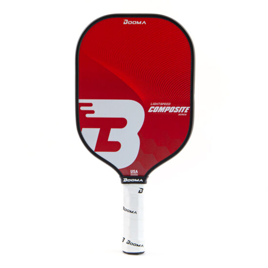 A red BOOMA Lightspeed Composite Series Pickleball paddle.