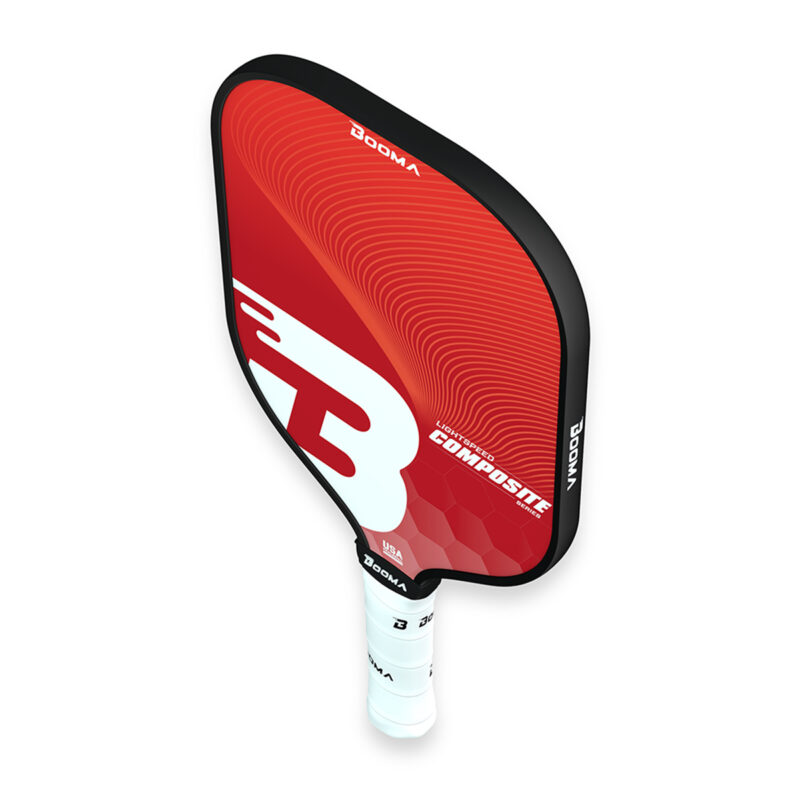 Top view of a red BOOMA Lightspeed Composite Series pickleball paddle on a white background.