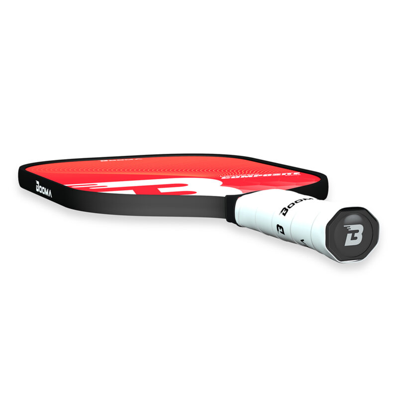 Horizontal view of a red BOOMA Lightspeed Composite Series pickleball paddle on a white background.