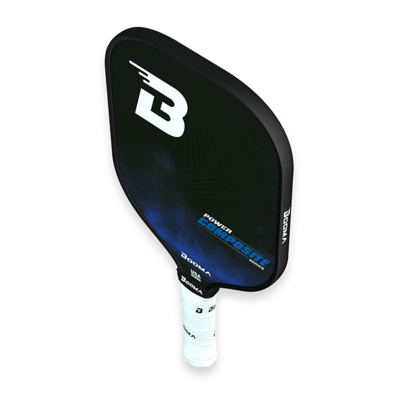 Vue de dessus d'une raquette de pickleball BOOMA Power Composite Series bleue sur fond blanc.