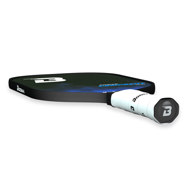 Horizontal view of a blue BOOMA Power Composite Series pickleball paddle on a white background.