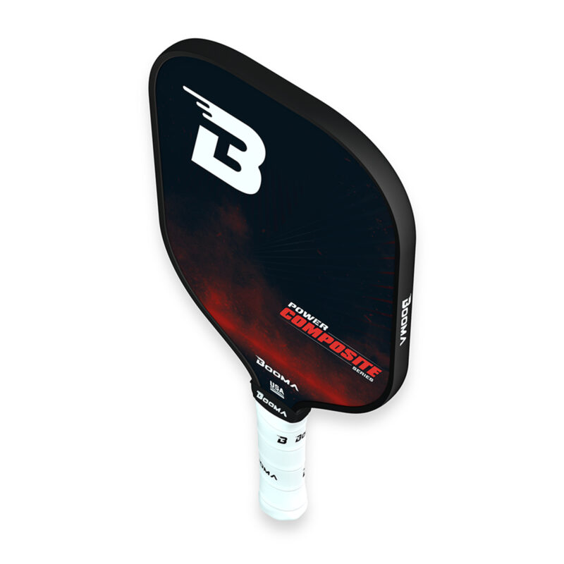 Vue de dessus d'une raquette de pickleball BOOMA Power Composite Series rouge sur fond blanc.