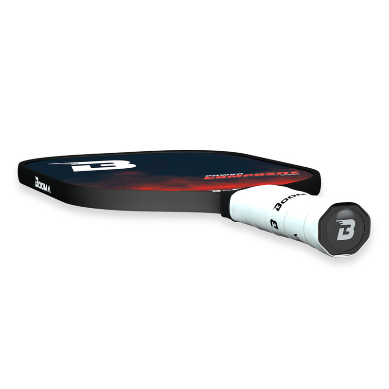 Horizontal view of a red BOOMA Power Composite Series pickleball paddle on a white background.