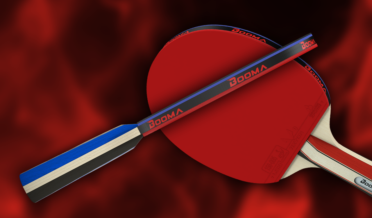 Side view of the a ping pong paddle from the BOOMA premium set.