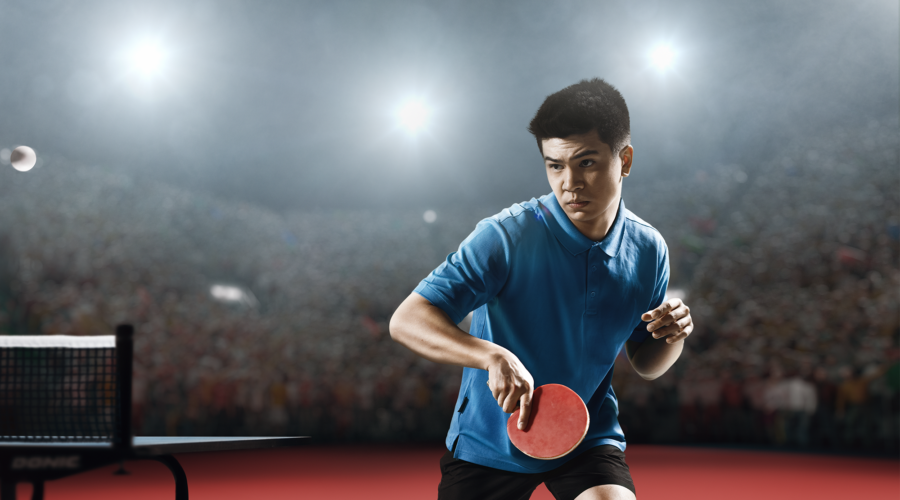 A young man hitting a ping pong ball with his backhand.