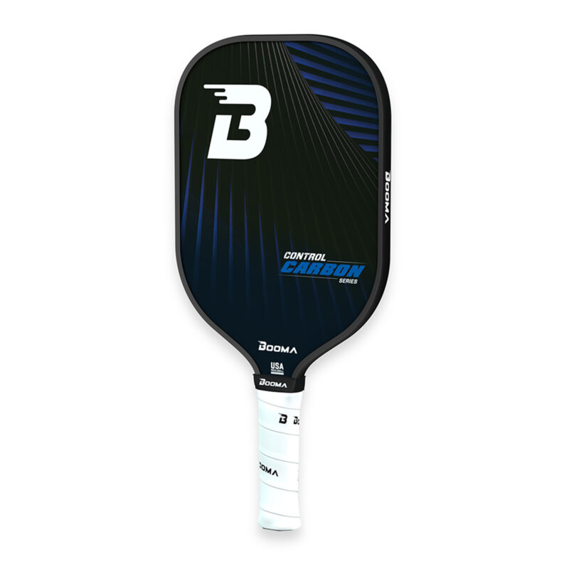 Front view of a blue BOOMA Control Carbon Series pickleball paddle on a white background.