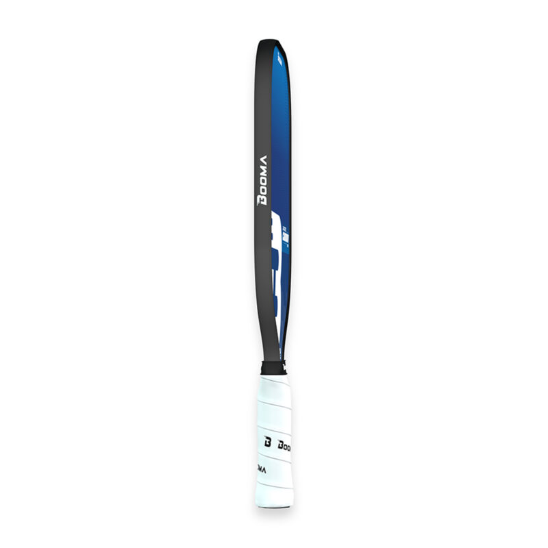 Side view of a blue BOOMA Lightspeed Carbon Series pickleball paddle on a white background.