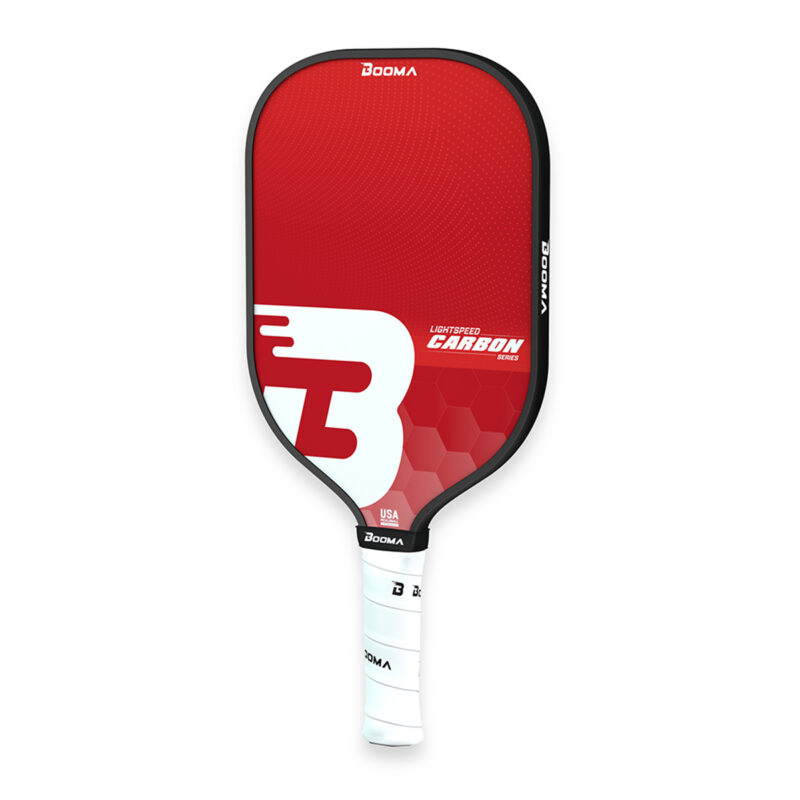Front angled view of a red BOOMA Lightspeed Carbon Series pickleball paddle on a white background.