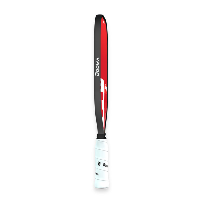 Side view of a red BOOMA Lightspeed Carbon Series pickleball paddle on a white background.