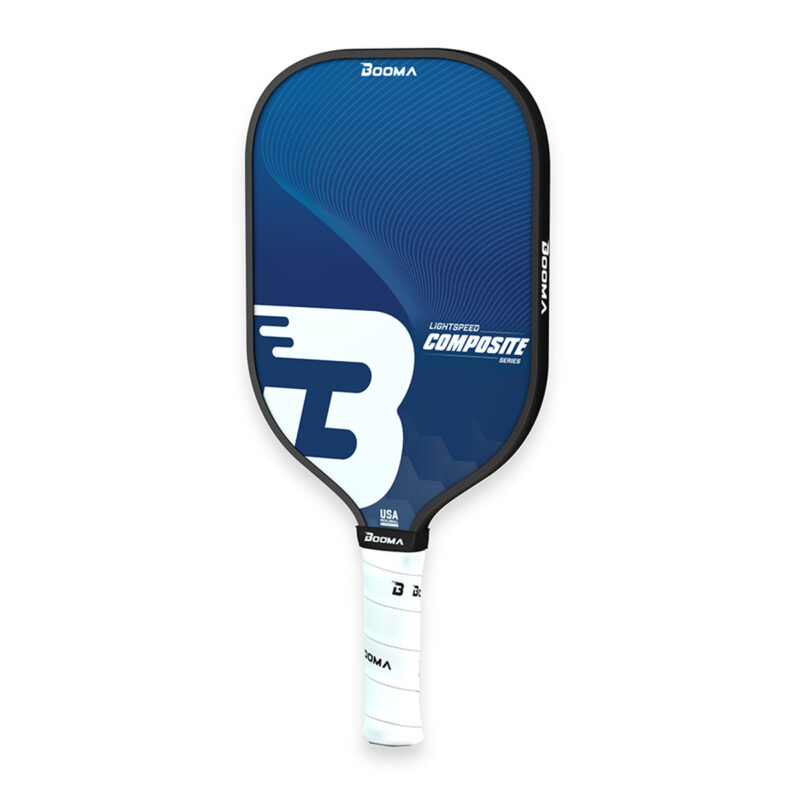 Front angled view of a blue BOOMA Lightspeed Composite Series pickleball paddle on a white background.