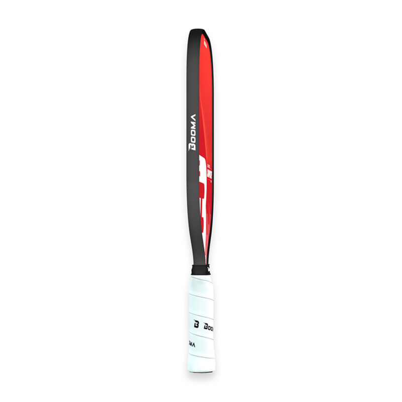 Side view of a red BOOMA Lightspeed Composite Series pickleball paddle on a white background.