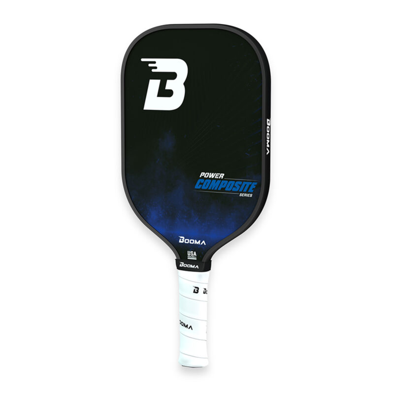 Front angled view of a blue BOOMA Power Composite Series pickleball paddle on a white background.