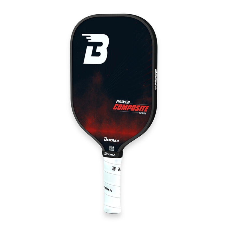 Front angled view of a red BOOMA Power Composite Series pickleball paddle on a white background.