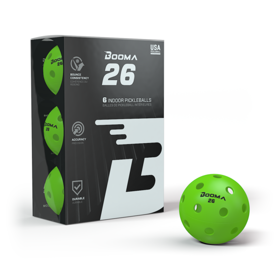 A pack of 6 green colored BOOMA 26 indoor pickleball balls.