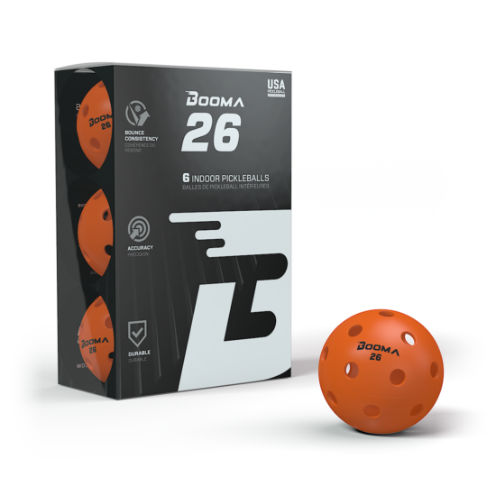 A pack of 6 orange colored BOOMA 26 indoor pickleball balls.