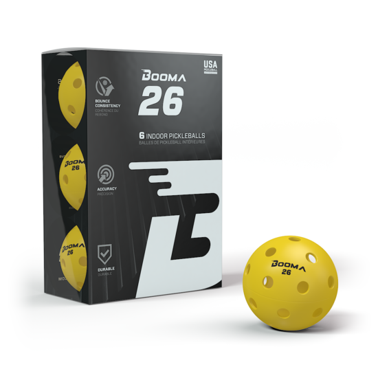 A pack of 6 yellow colored BOOMA 26 indoor pickleball balls.