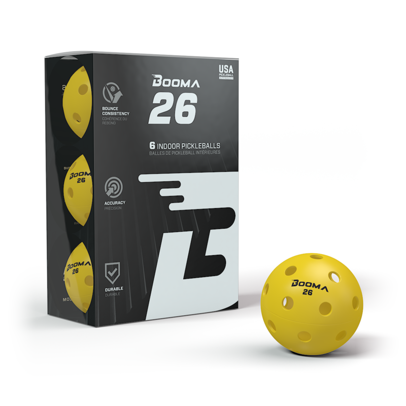 Paquet de 6 balles de pickleball BOOMA 26 pour l'intérieur de couleur jaune.